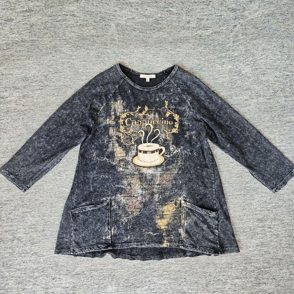 Jess & Jane Cappuccino T Shirt Sz L Black Coffee Design Oversized Boxed Pockets